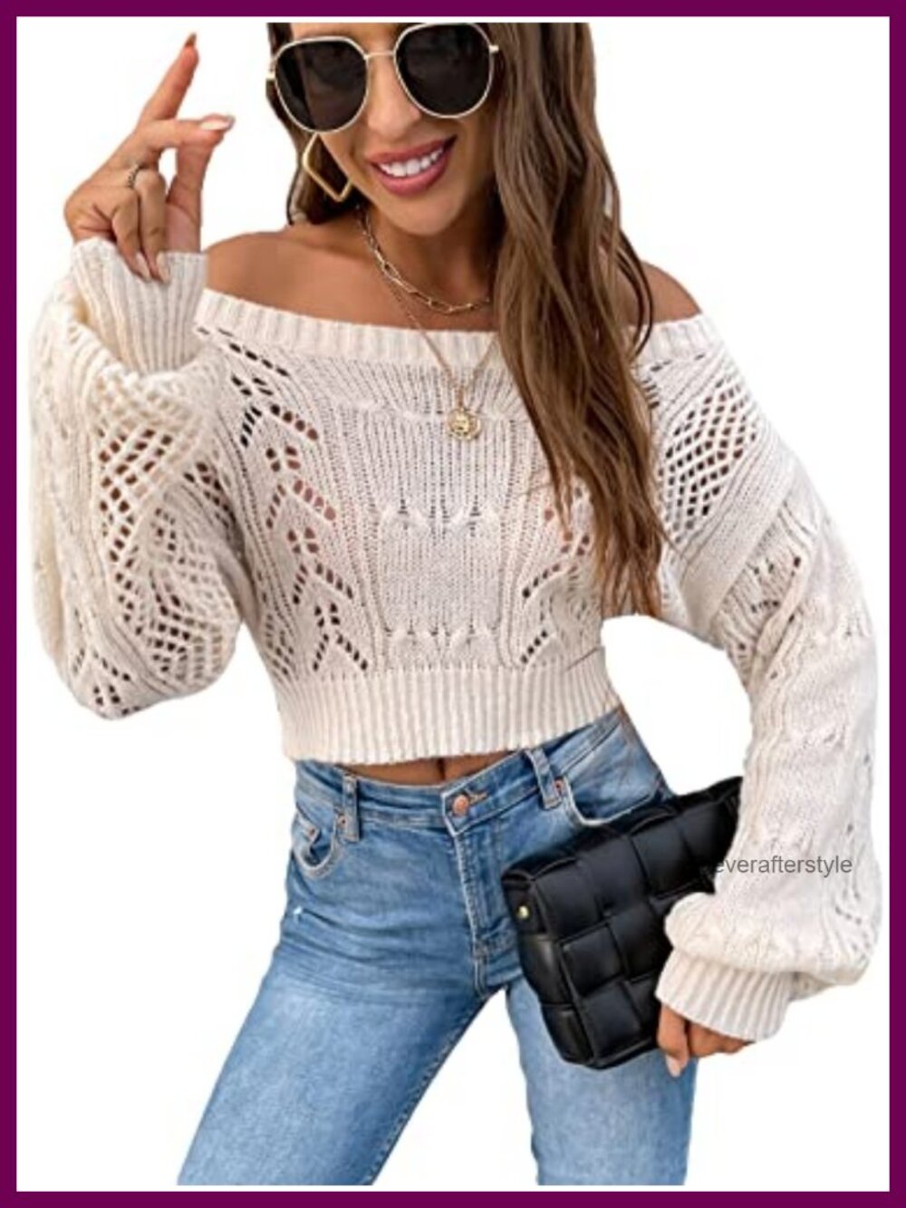 Off Shoulder Bishop Long Sleeve Pointelle Knit Sweater Crop Top